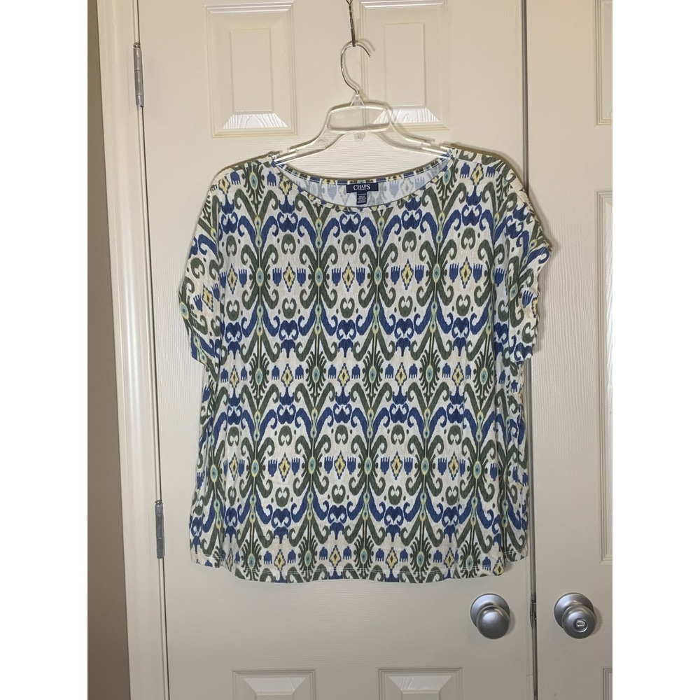 Chaps Denim Top Women 3X Blue‎ Green Ikat Damask Print Short Sleeve EUC